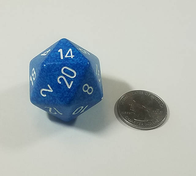 Blue 34mm d20 with quarter for scale. 
