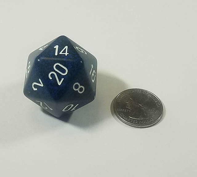 Blue 34mm d20 with quarter for scale. 
