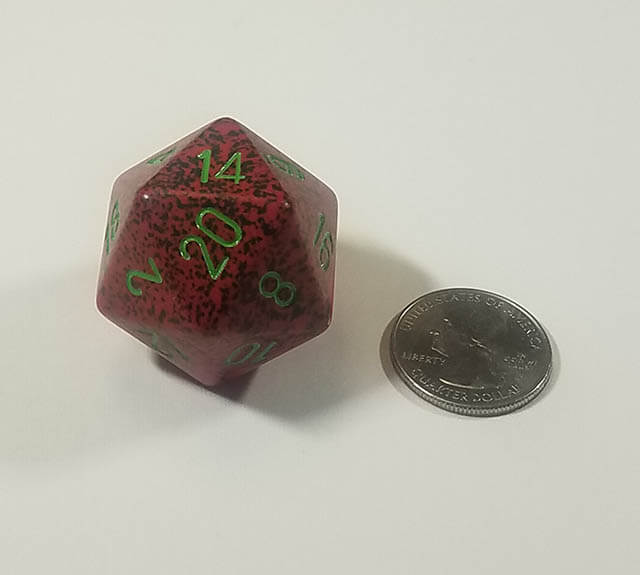 Red and Black 34mm d20 with quarter for scale. 