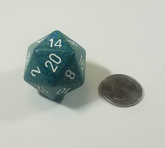Blue and Teal 34mm d20 with quarter for scale. 