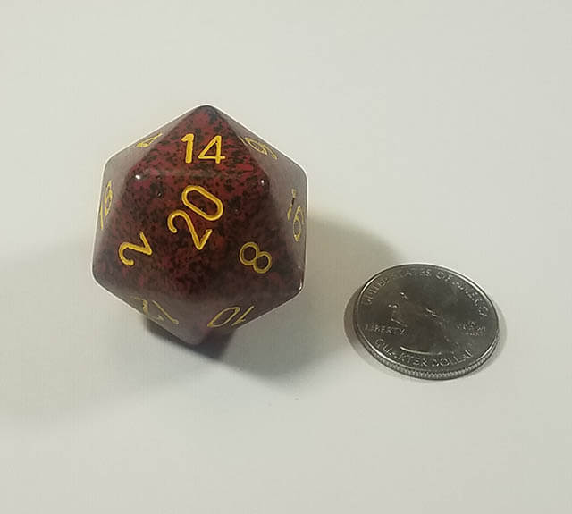 Red and Black 34mm d20 with quarter for scale. 