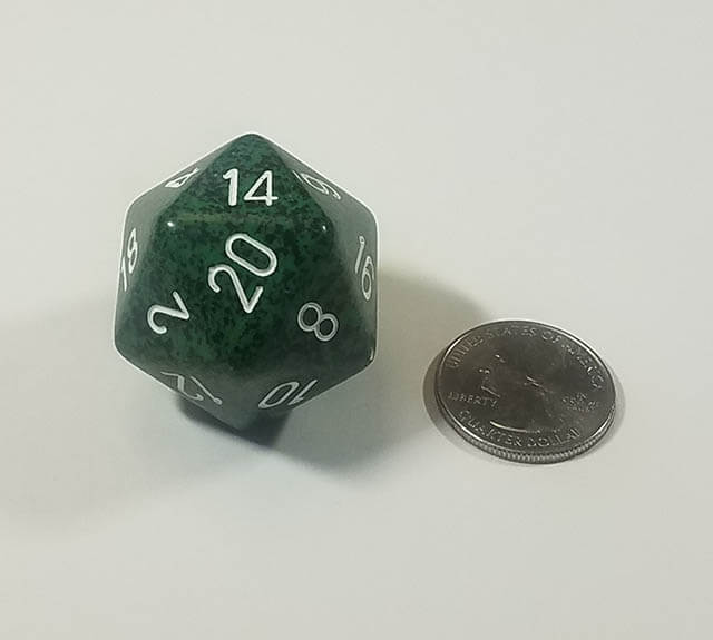 Green 34mm d20 with quarter for scale. 
