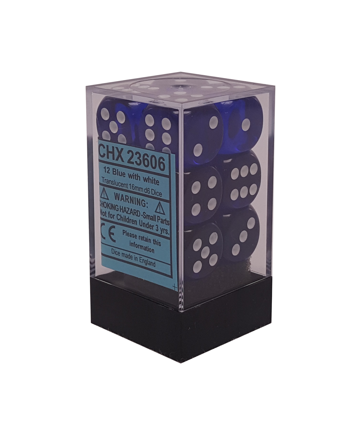 Packaging for Chessex Translucent Blue 16mm d6 brick. 