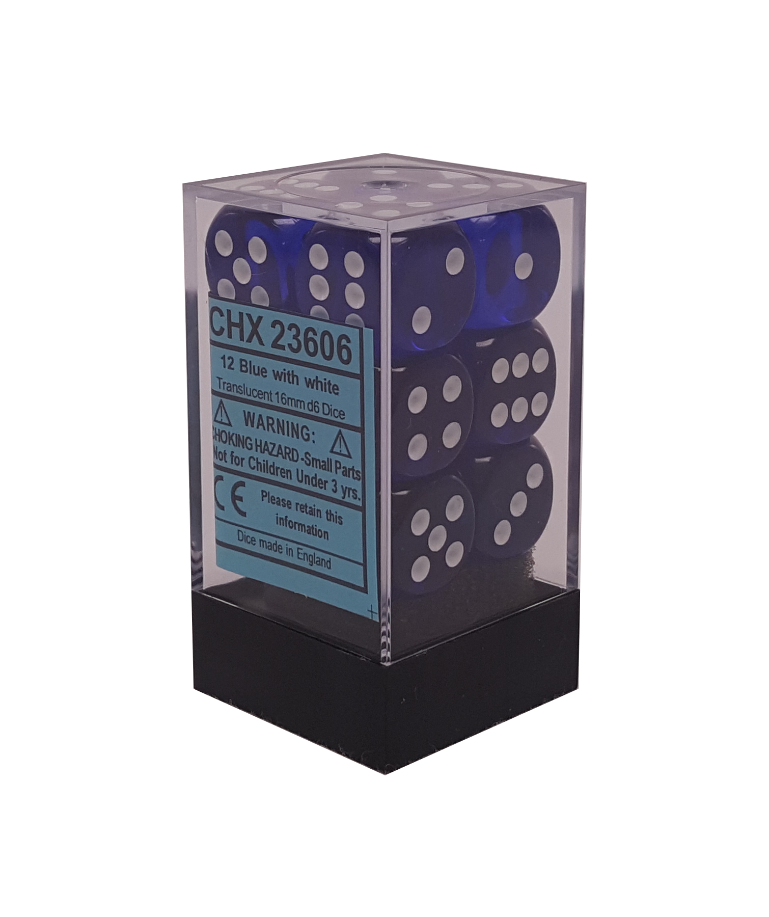 Packaging for Chessex Translucent Blue 16mm d6 brick. 