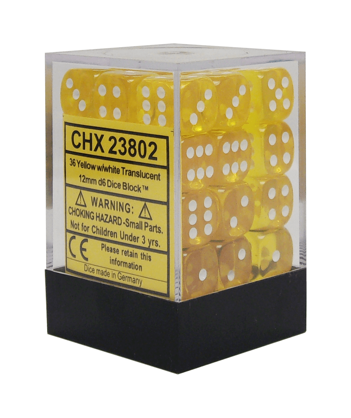 Packaging for Chessex Translucent Yellow 12mm d6 brick. 