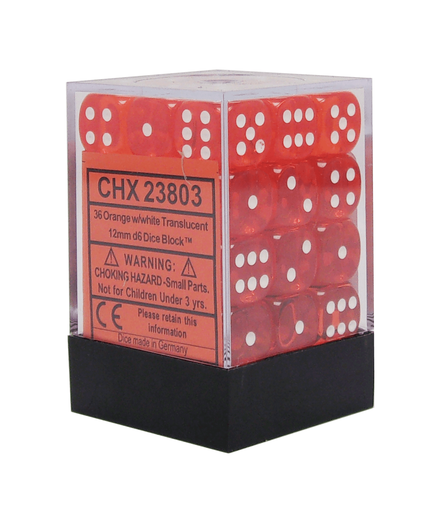 Packaging for Chessex Translucent Orange 12mm d6 brick. 