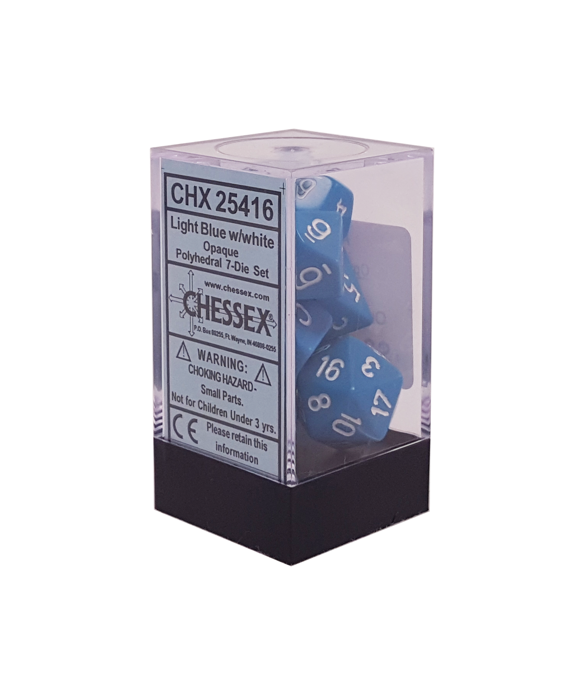 Packaging for Chessex Opaque Light Blue polyhedral set brick. 