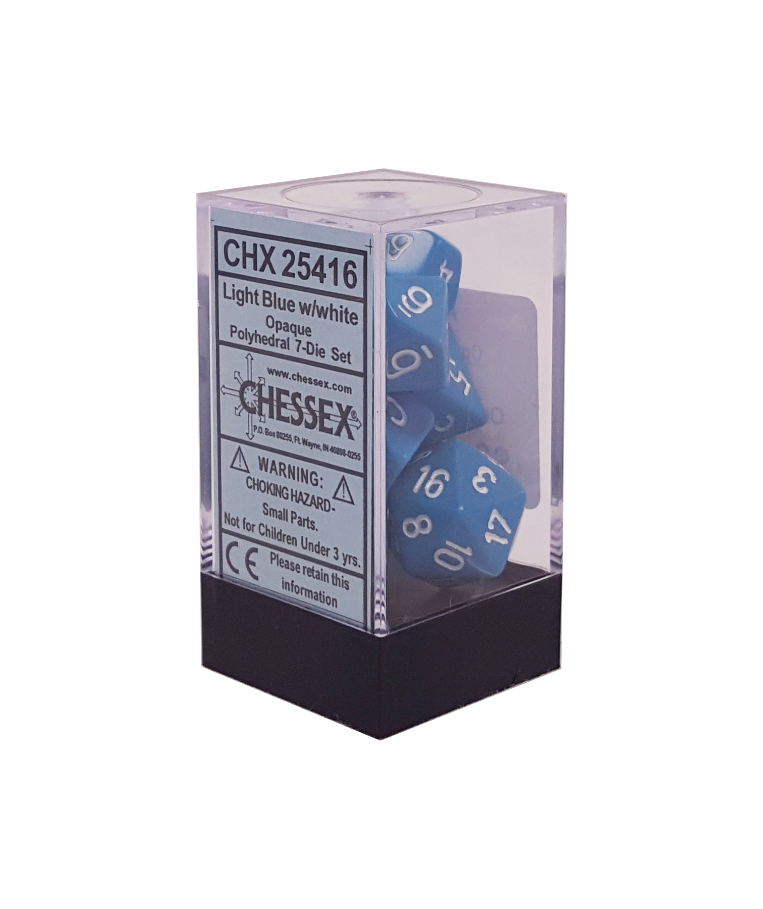 Packaging for Chessex Opaque Light Blue polyhedral set brick. 