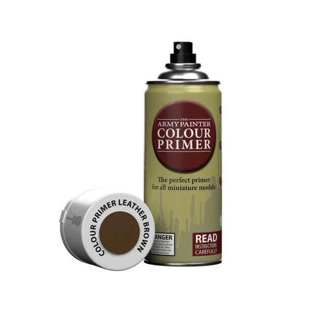 A can of Army Painter spray Leather Brown. 