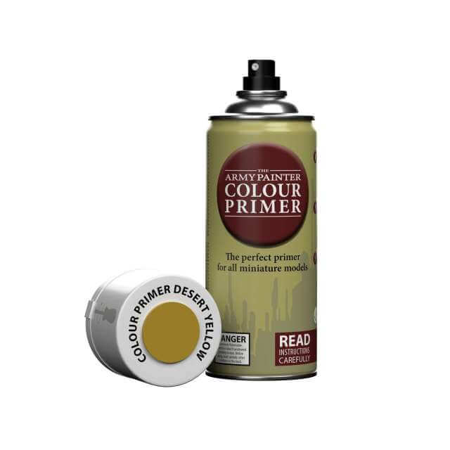 A can of Army Painter spray Desert Yellow. 