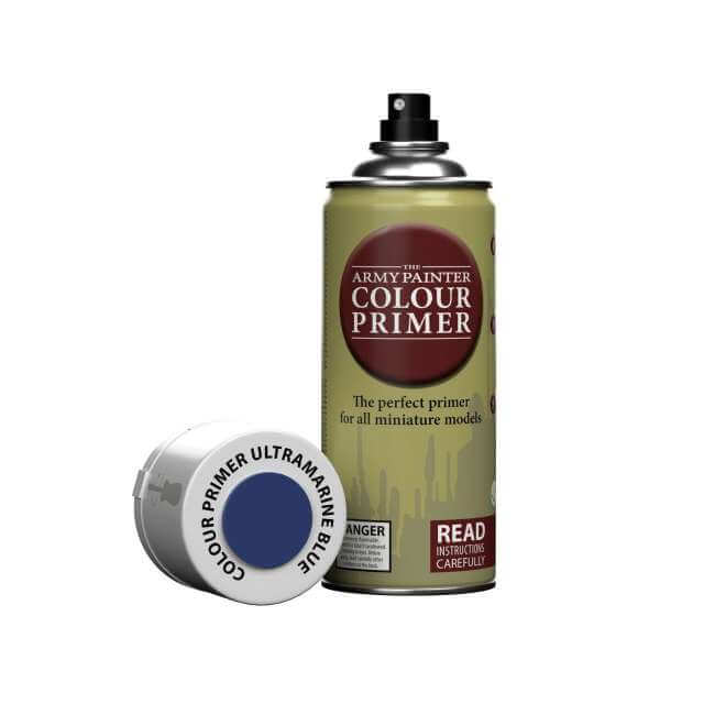 A can of Army Painter spray Ultramarine Blue.