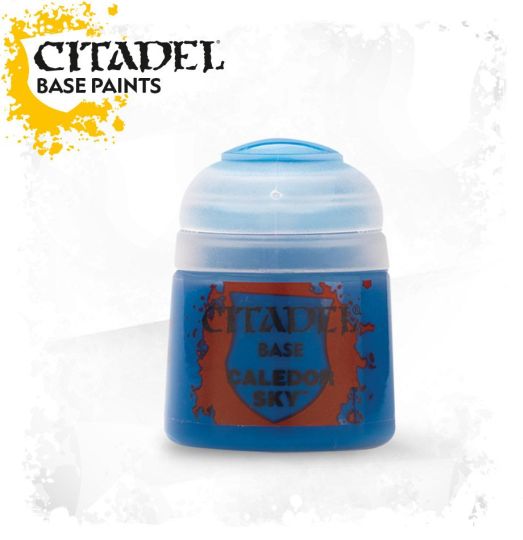 A pot of Citadel Base paint in the color 'Caledor Sky', primarily blue in color with the brand and product name displayed on the label.