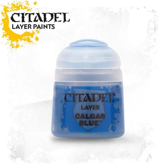 A pot of Citadel Layer acrylic paint in the color Calgar Blue.