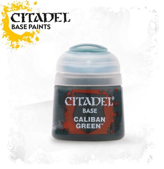 A pot of Citadel Base paint in the color Caliban Green.