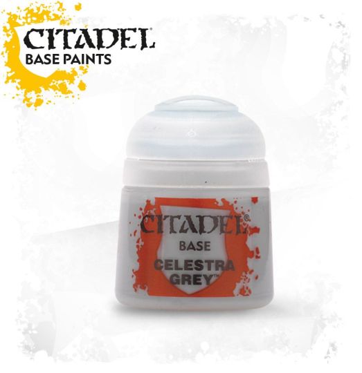 A pot of Citadel Base paint in the color Celestra Grey, designed for use on plastic, metal, and resin Citadel miniatures.