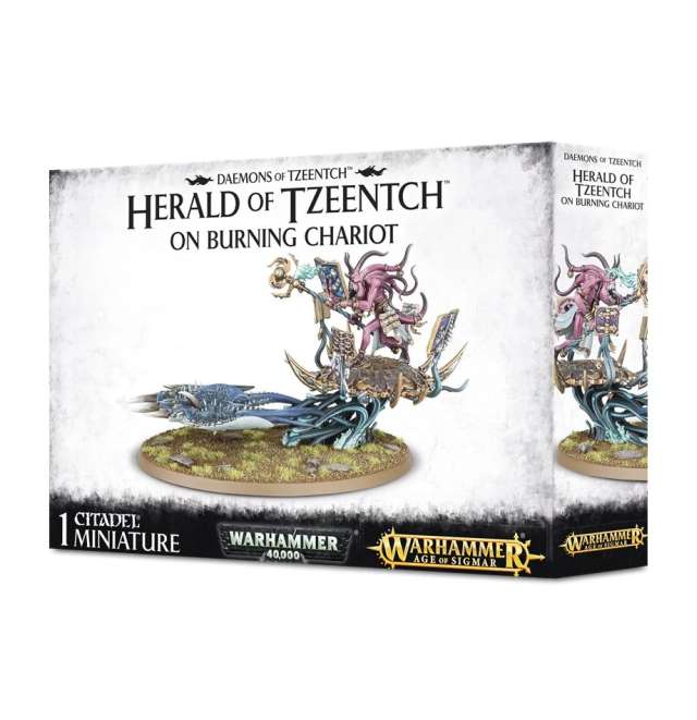 Product packaging for Warhammer Citadel miniature kit, featuring a multi-part plastic model of the Herald of Tzeentch on a burning chariot, accompanied by Screamers and Blue Horrors.