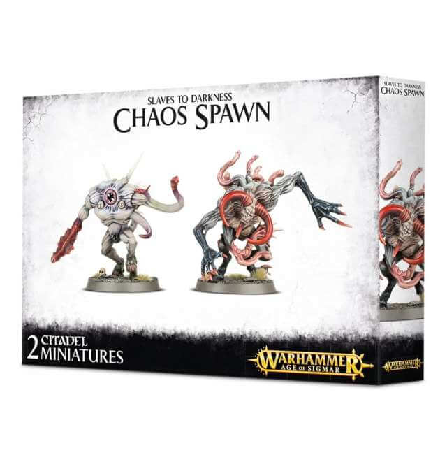 Product packaging for 'Slaves to Darkness Chaos Spawn', featuring two plastic miniatures on display against a black background with ornate white and red detailing.