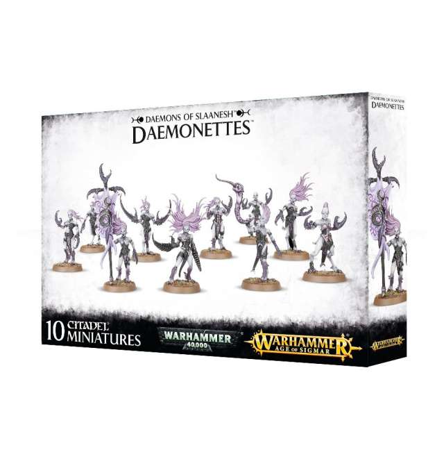 Boxed set of 10 Daemonettes of Slaanesh miniatures for Warhammer, including various detailed designs and accessories.