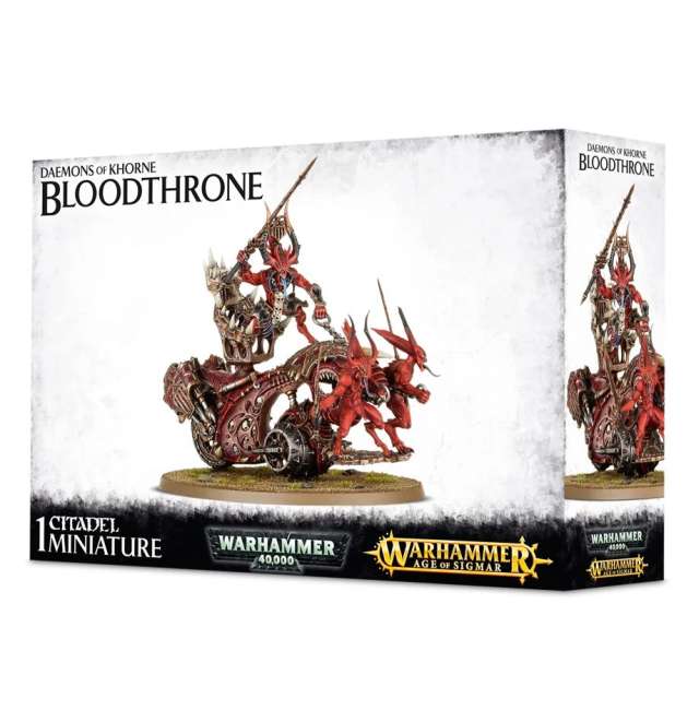 Product packaging for Warhammer miniature game showing a detailed, painted miniature representing a Bloodthrone of Khorne.