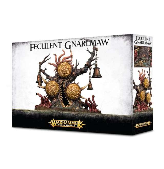 A product image of the Maggotkin of Nurgle Feculent Gnarlmaw, a multi-part plastic kit for a fantasy miniature, featuring a twisted tree-like creature with large bulbs, teeth, and a Nurgling figure.