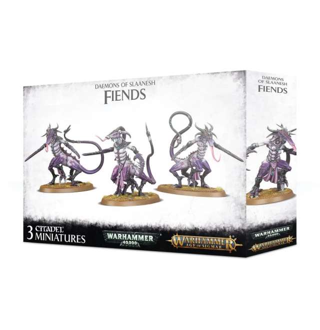 Packaging for Warhammer AoS miniatures kit titled 'Hedonites of Slaanesh Fiends', featuring three fantasy character miniatures in a box.