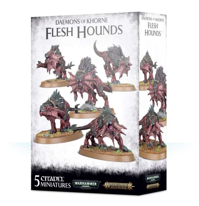 A product image featuring the packaging for 'Daemons of Khorne Flesh Hounds', displaying five citadel miniatures with blood-red and black flesh hound figures.