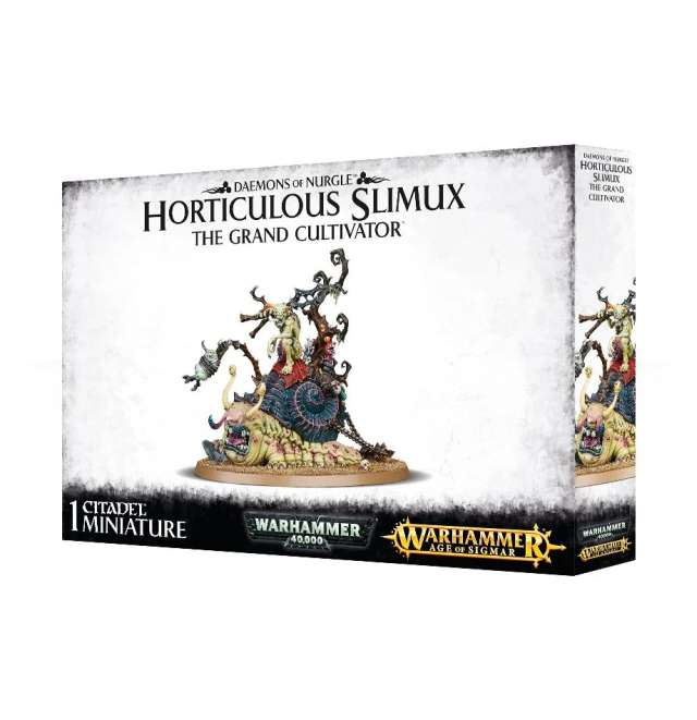 Packaging for Warhammer 40,000 Maggotkin of Nurgle Horticulous Slimux miniature, featuring a manic-looking character with oversized eyes and lopping shears, accompanied by a large snail-like creature.