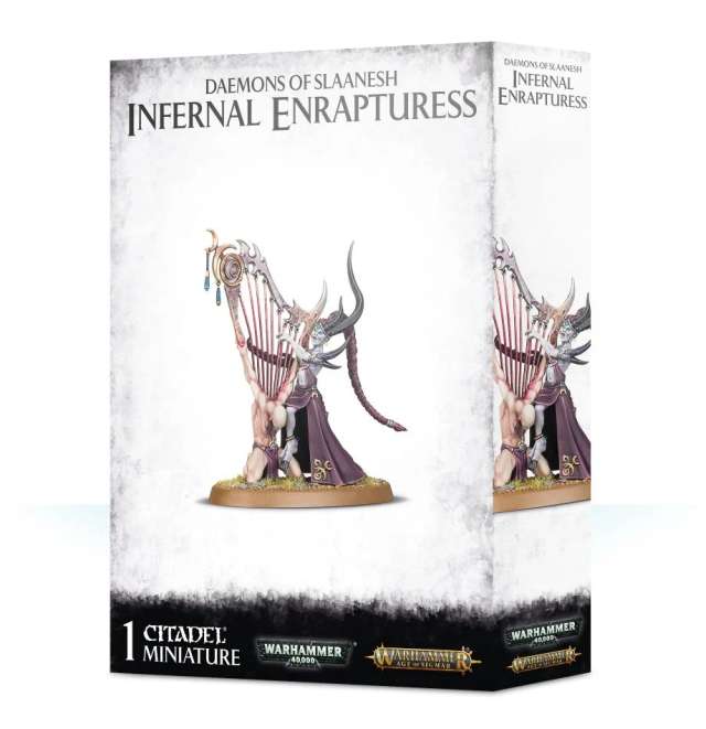 Packaging for 'Daemons of Slaanesh Infernal Enrapturess' miniature, featuring the model on a box with 'Warhammer' and 'Citadel' branding.