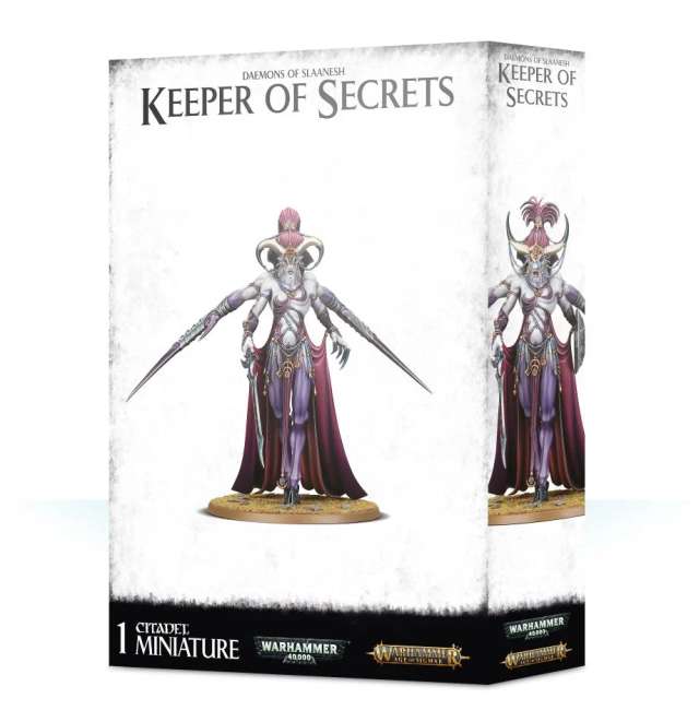 Product packaging for 'Keeper of Secrets' miniature, featuring an illustration of the character on the front and rear sides.
