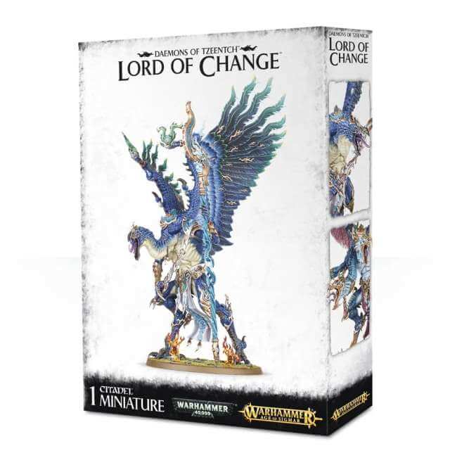 Product packaging for Games Workshop's Warhammer fantasy series, featuring a multi-part plastic kit of the 'Lord of Change' from the Disciples of Tzeentch. The kit is displayed in a white box with the model image on it.