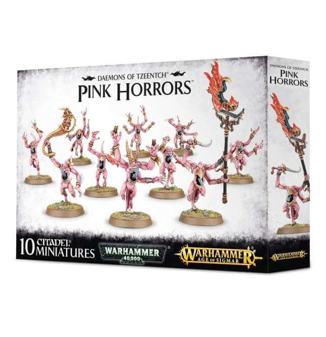A product packaging for Warhammer 40,000 Disciples of Tzeentch Pink Horrors miniatures, featuring ten mult-limbed plastic figures on round bases.