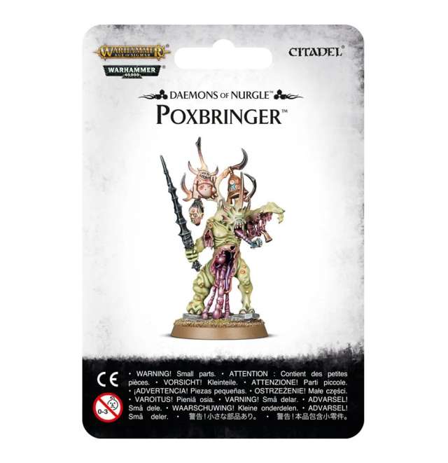 An image of the 'Poxbringer' model from the 'Daemons of Nurgle' line, showcasing the model with deformed features, horns, and a bell, against a white background with Games Workshop branding.