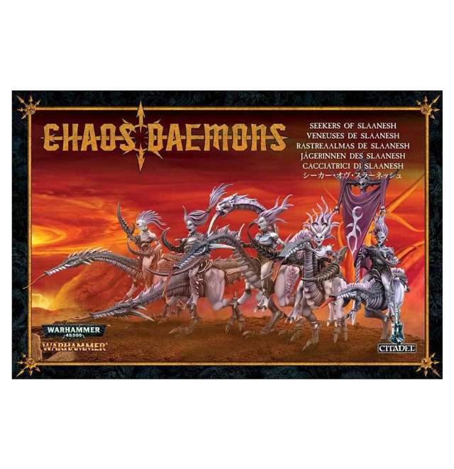 Packaging for Warhammer 40,000 Hedonites of Slaanesh Seekers of Slaanesh miniatures set, featuring five figures on a fiery background.