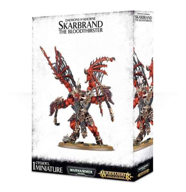 Packaging for Warhammer miniature Skarbrand the Bloodthuster, featuring a multicolored fantasy creature with wings and axes.
