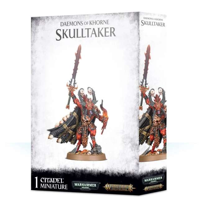Product packaging for 'Blades of Khorne Skulltaker', featuring a miniature figurine mounted on a box with Khorne's aesthetic, including red and black colors and skull details.