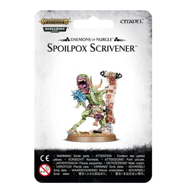 Packaging for the Daemons of Nurgle Spoilpox Scrivener, showing the model holding a scroll. 