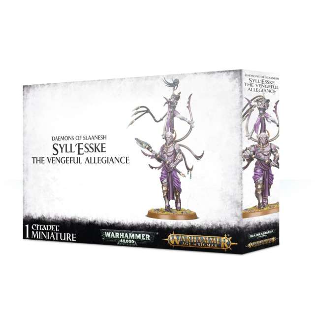 Packaging for Hedonites of Slaanesh Syll'Esske: The Vengeful Allegiance miniature kit featuring a white box with the miniature's image and the Warhammer logo.