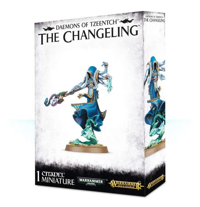 Packaging box for 'Disciples of Tzeentch The Changeling', featuring a plastic miniature with blue and black colors, multiple arms, and a hooded figure.