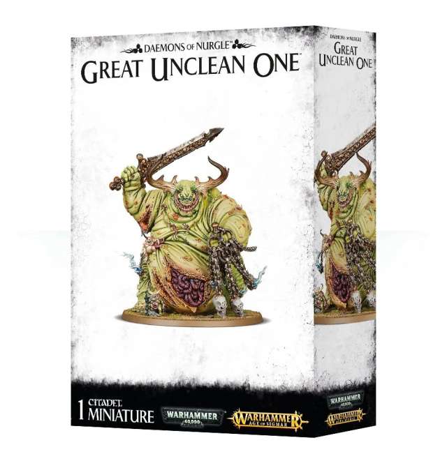 Packaging for the 'Great Unclean One' miniature from the Maggotkin of Nurgle line, featuring a multi-part plastic kit with various options for heads and weapons. 