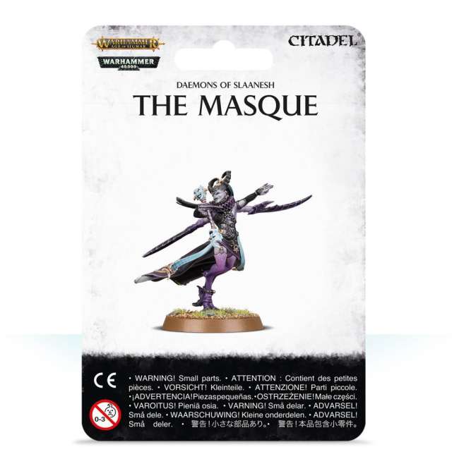 A product image featuring a miniature figure named 'The Masque' from the Daemons of Slaanesh, mounted on a 32mm round base, with component parts listed for customization.