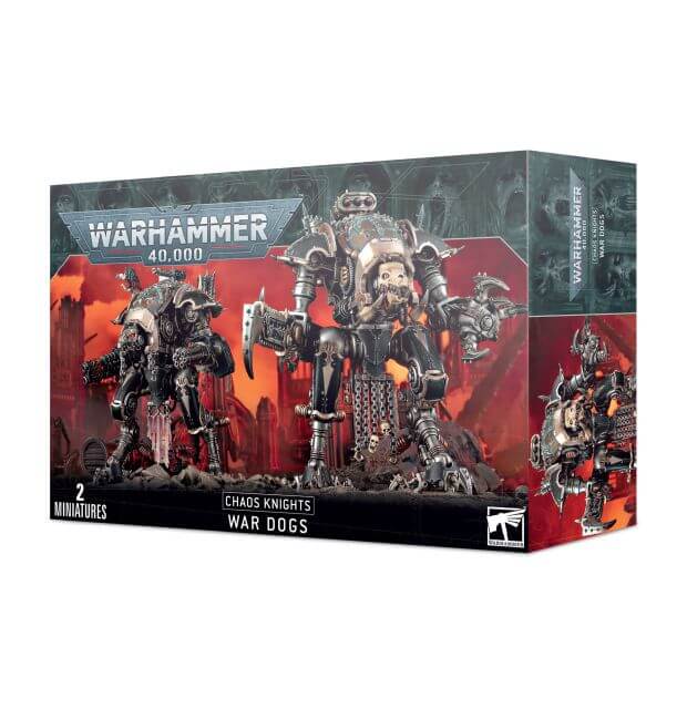 Packaging for Warhammer 40,000 War Dogs miniatures, featuring the miniatures in their armors and poses, with a red and black color scheme.