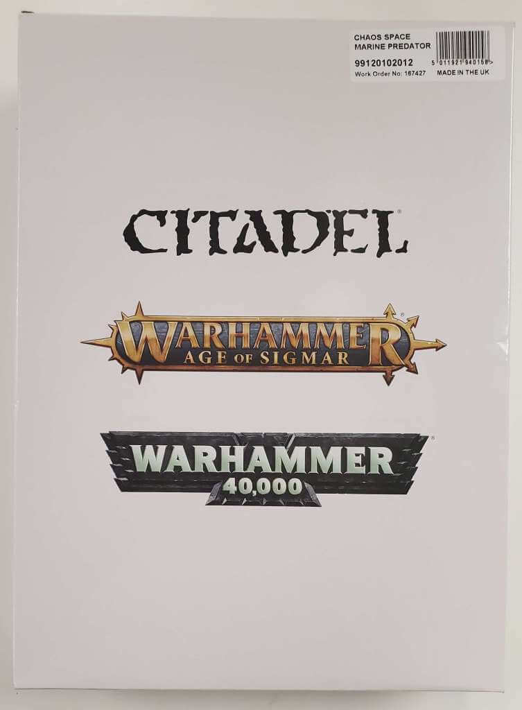 Boxed set of Warhammer 40,000 Chaos Space Marines Chaos Predator, featuring options for an autocannon turret and 2 heavy bolter side sponsons.