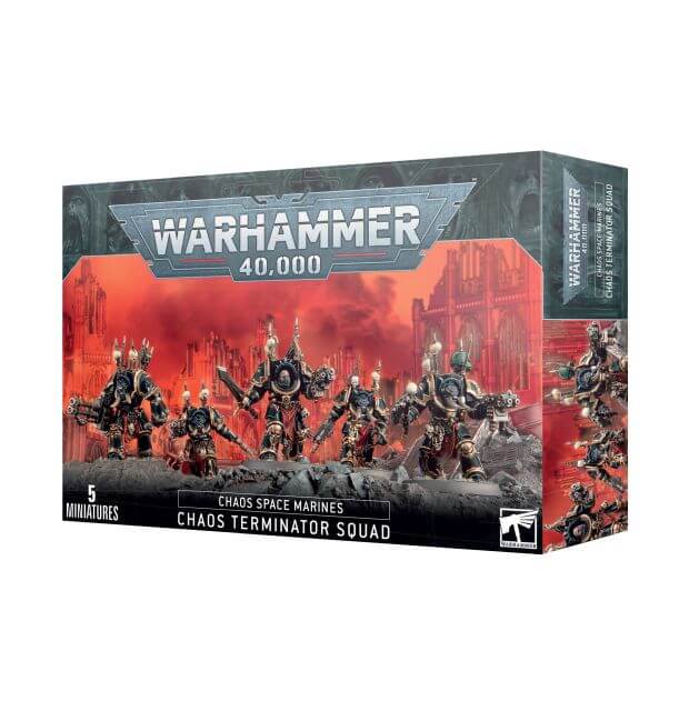 Box packaging for Warhammer 40,000 Chaos Space Marines Chaos Terminator Squad, featuring images of the terminators in a dramatic setting.