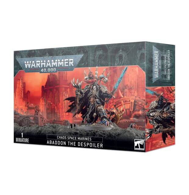 Product packaging for Warhammer 40,000 Chaos Space Marines Abaddon the Despoiler miniature, featuring a illustration of the character with a large sword, against a dramatic battle-themed backdrop.