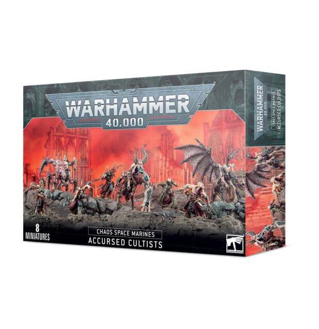 Packaging for Warhammer 40,000 Chaos Space Marines Accursed Cultists miniatures, featuring illustrated models on the front.