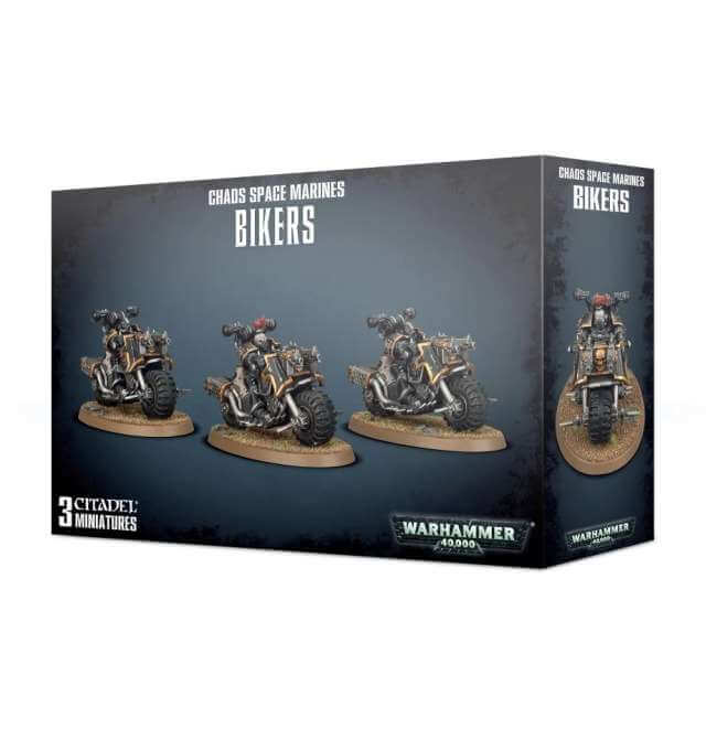 Packaging for Warhammer 40,000 Chaos Space Marines Chaos Bikers, showing three toy figures on a box with a black and gray color scheme.