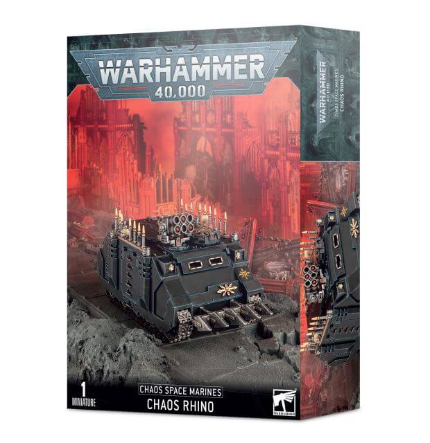 Product packaging for Warhammer 40,000 Chaos Space Marines Chaos Rhino, featuring the model rhino with weapons and Chaos symbols on the box.