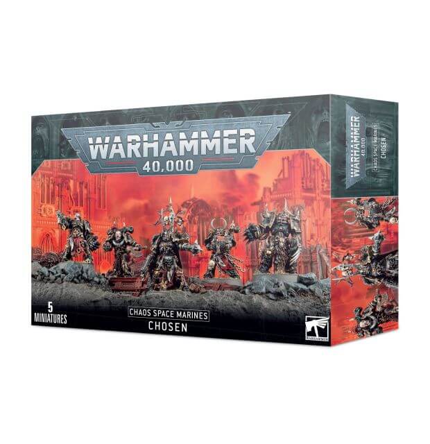 Packaging for Warhammer 40,000 Chaos Space Marines Chosen miniatures set, featuring illustrations of the characters and a dystopian landscape.