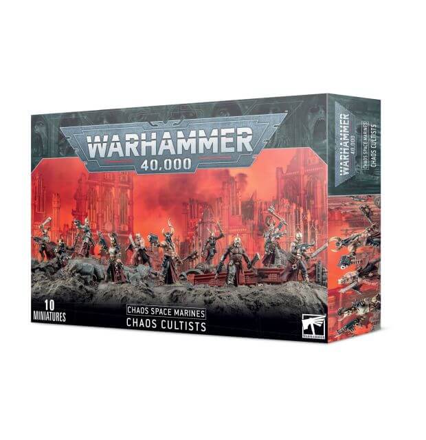 Box packaging for Warhammer 40,000 Chaos Space Marines Cultists miniatures, featuring the miniatures on a battle field.