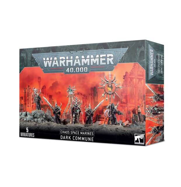 Product packaging for 'Chaos Space Marines Dark Commune' featuring five miniature figures with a dark, dramatic design in red and black, representing chaotic cultists.